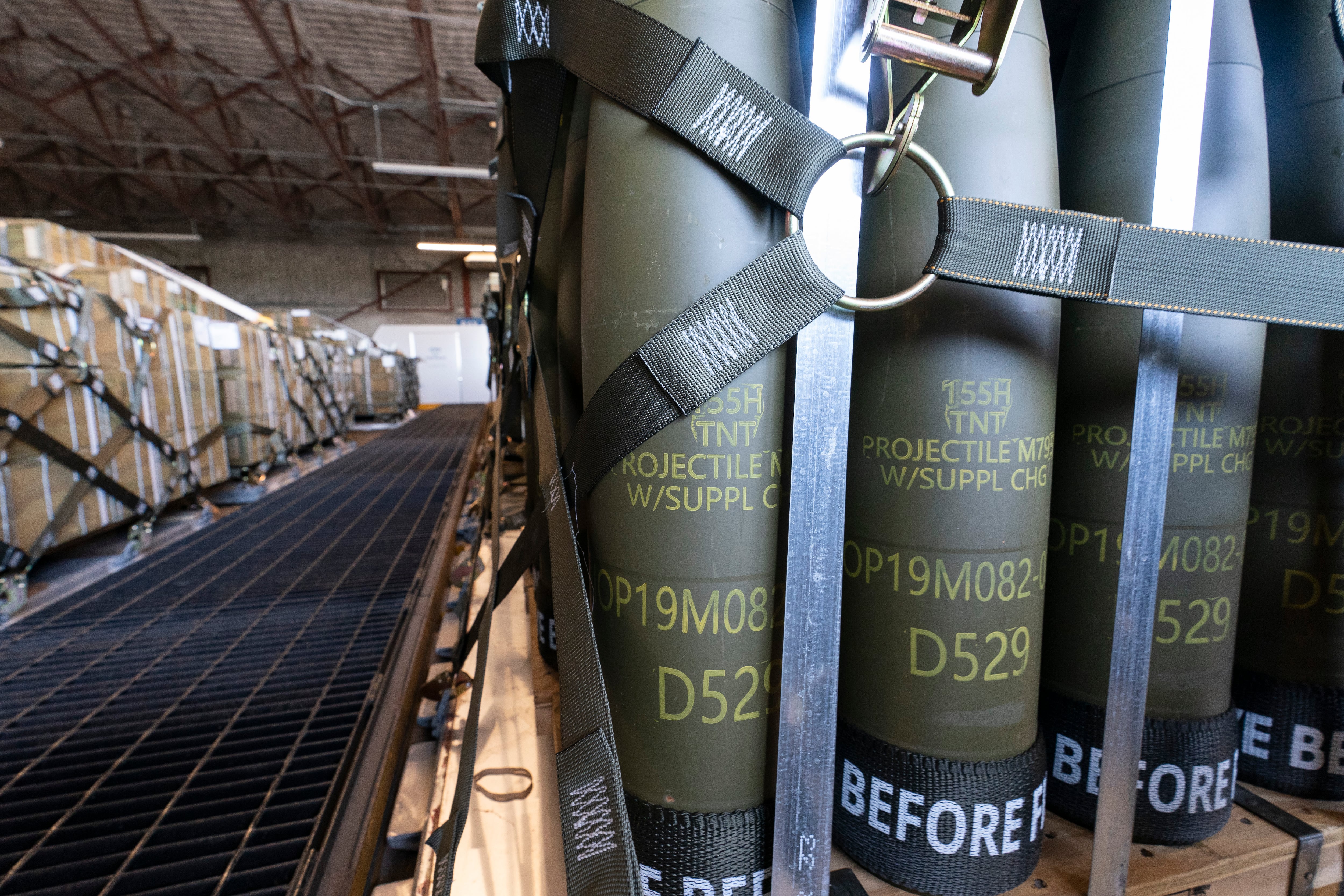 Pallets of 155 mm shells ultimately bound for Ukraine are loaded by the 436th Aerial Port Squadron, April 29, 2022, at Dover Air Force Base, Del.